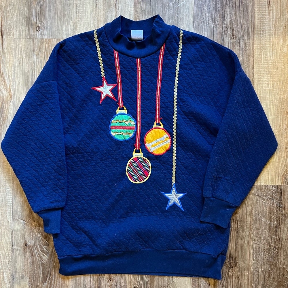 Vintage America Navy Blue Women's Sweater with Festive embroidered Ornaments